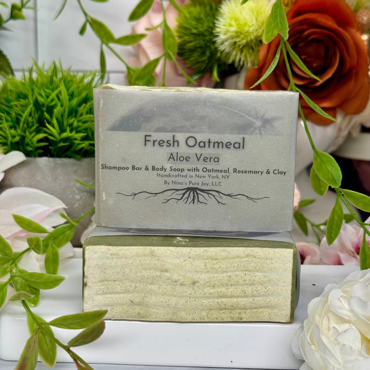 Fresh Oatmeal - Aloe Vera Shampoo Bar & Body Soap with Rosemary & Clay, Scalp and Hair Care