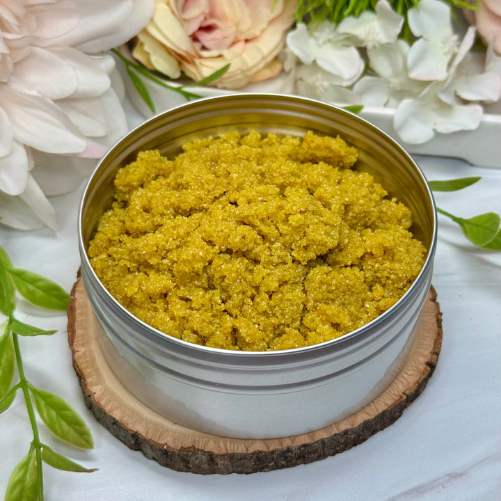 turmeric body polish, sea salt scrub, brightening body exfoliant, detox body scrub, floral body polish, squalane oil scrub, turmeric skincare, natural exfoliator, handmade salt scrub, citrus body polish, gentle exfoliating scrub, glowing skin polish, turmeric extract scrub, anti-inflammatory body scrub, spa-quality exfoliant