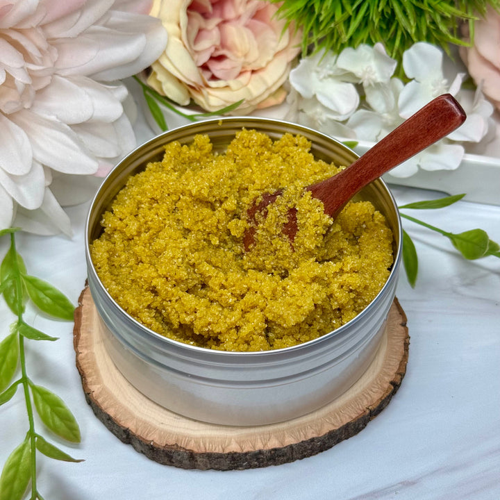 turmeric body polish, sea salt scrub, brightening body exfoliant, detox body scrub, floral body polish, squalane oil scrub, turmeric skincare, natural exfoliator, handmade salt scrub, citrus body polish, gentle exfoliating scrub, glowing skin polish, turmeric extract scrub, anti-inflammatory body scrub, spa-quality exfoliant
