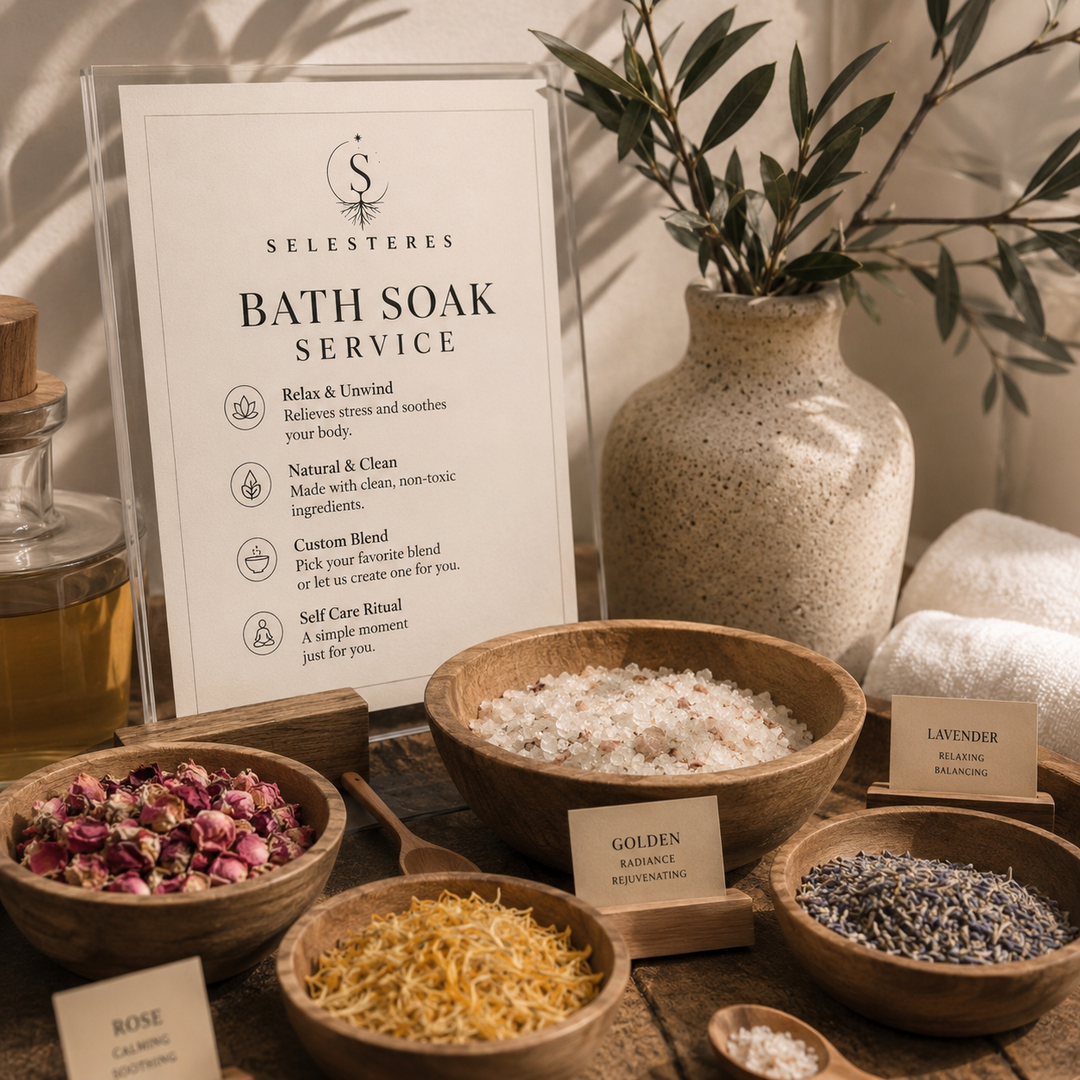 Custom bath soak bar experience with mineral salts and botanicals
Personalized bath soak jars for event guests
Luxury bath soak favor station for bridal shower
Botanical bath salt bar with dried flowers and essential oils
SelesTeres custom bath soak jars for private events
Interactive self-care favor experience for corporate events
Bath soak bar setup with glass jars and botanicals