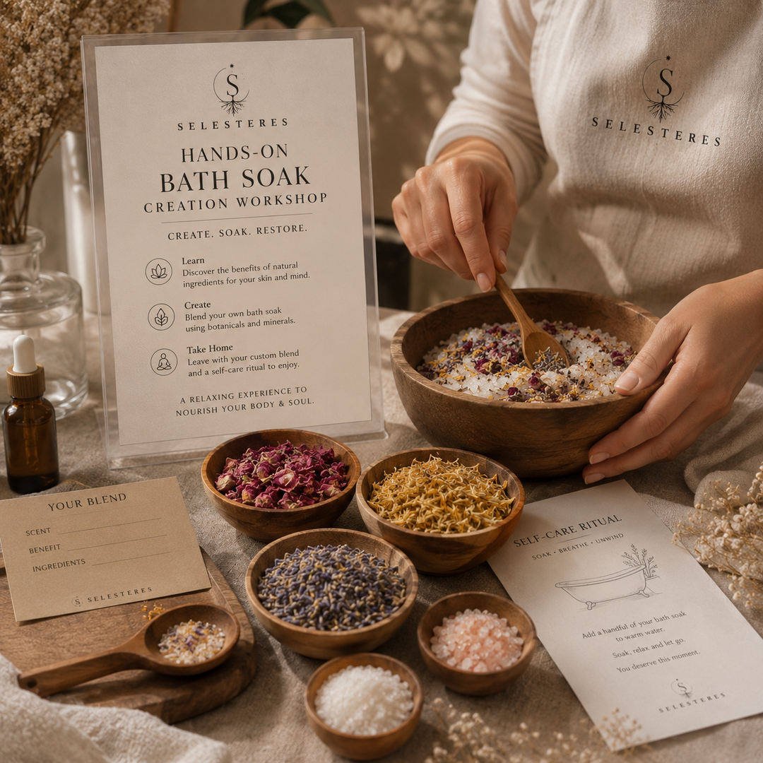 Custom bath soak workshop with mineral salts and botanicals
Guests creating personalized bath soak jars
Botanical bath salt workshop in Queens
SelesTeres bath soak making workshop
Custom bath soak jars with dried flowers and essential oils
Small group self-care workshop with bath salts
Luxury bath salt workshop for private events