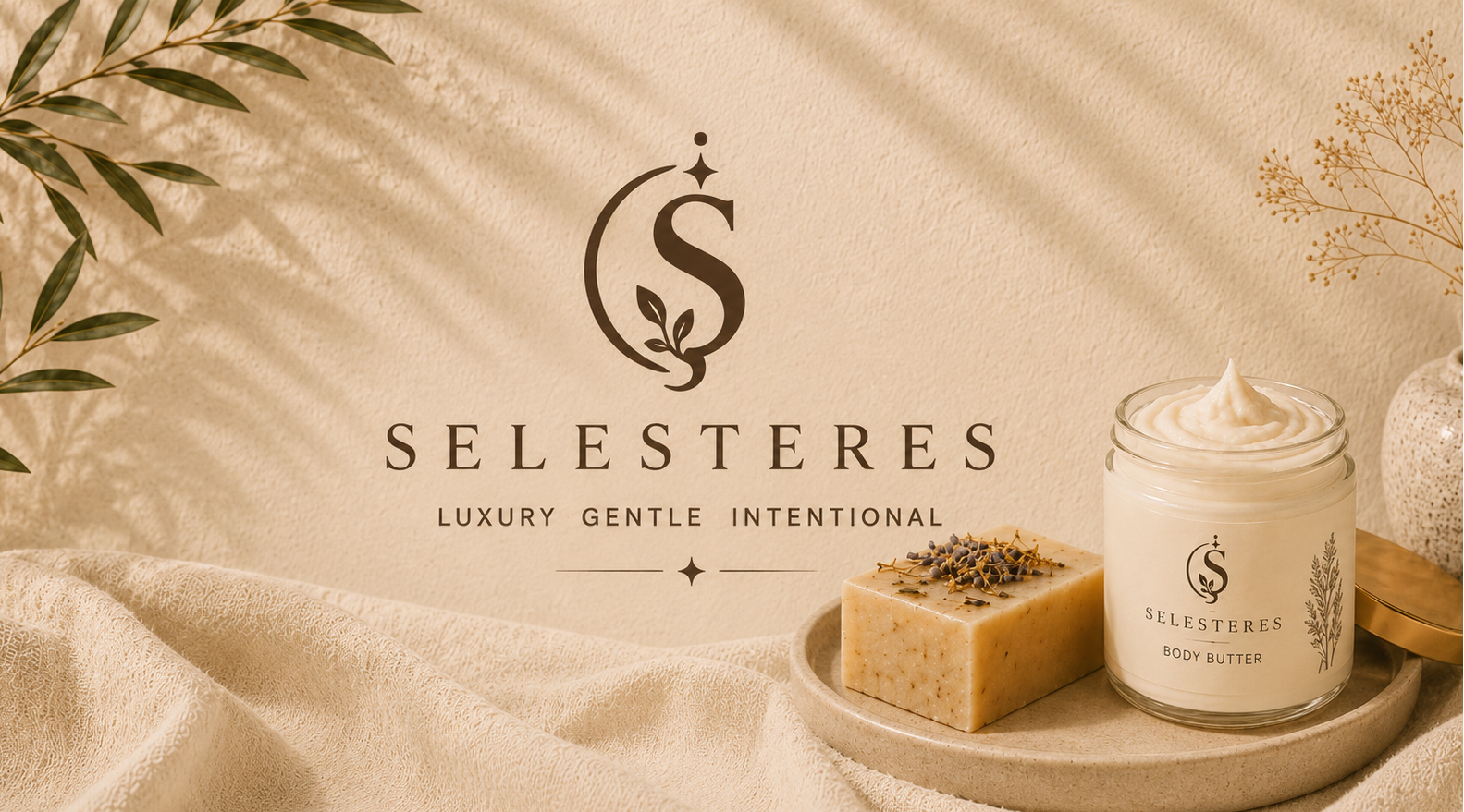 Selesteres skincare products on a soft fabric background with brand logo.