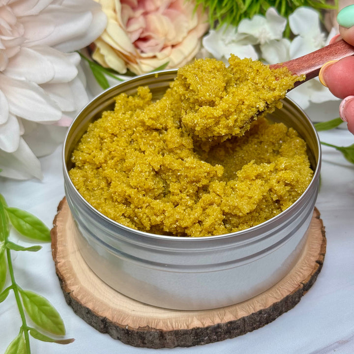 turmeric body polish, sea salt scrub, brightening body exfoliant, detox body scrub, floral body polish, squalane oil scrub, turmeric skincare, natural exfoliator, handmade salt scrub, citrus body polish, gentle exfoliating scrub, glowing skin polish, turmeric extract scrub, anti-inflammatory body scrub, spa-quality exfoliant