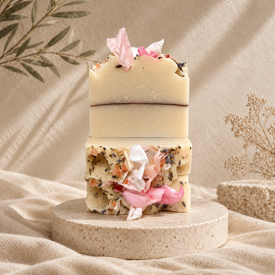 Handcrafted Lavender Mint coconut milk soap with cocoa butter, lavender, peppermint and spearmint essential oils, decorated with rose petals and Himalayan pink salt.