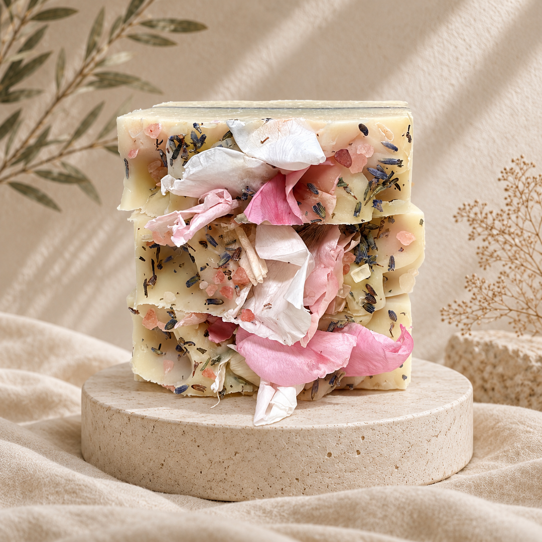 Handcrafted Lavender Mint coconut milk soap with cocoa butter, lavender, peppermint and spearmint essential oils, decorated with rose petals and Himalayan pink salt.
