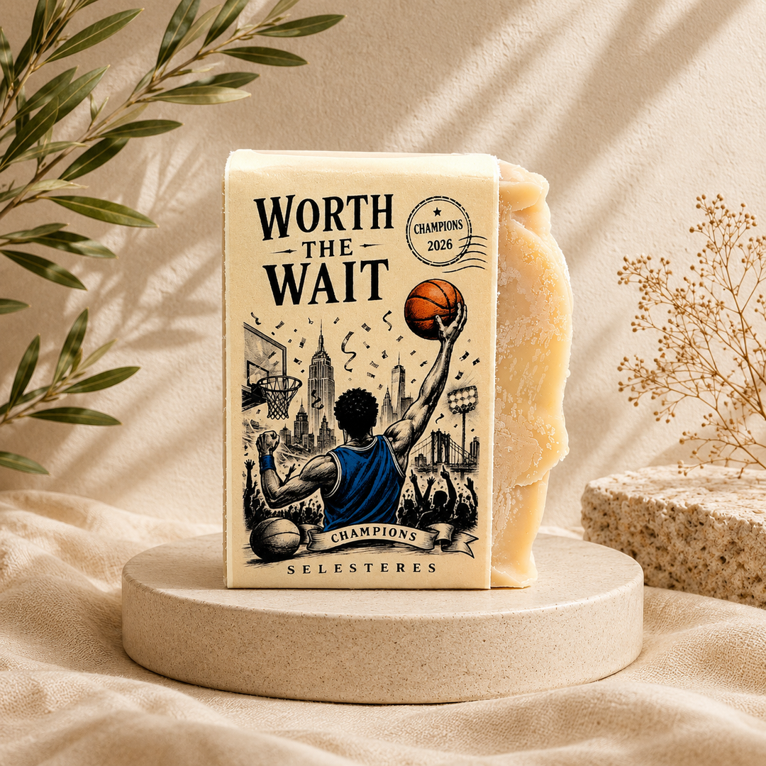 Knicks Bar of soap with 'Worth the Wait' packaging featuring a basketball player design on a beige background.